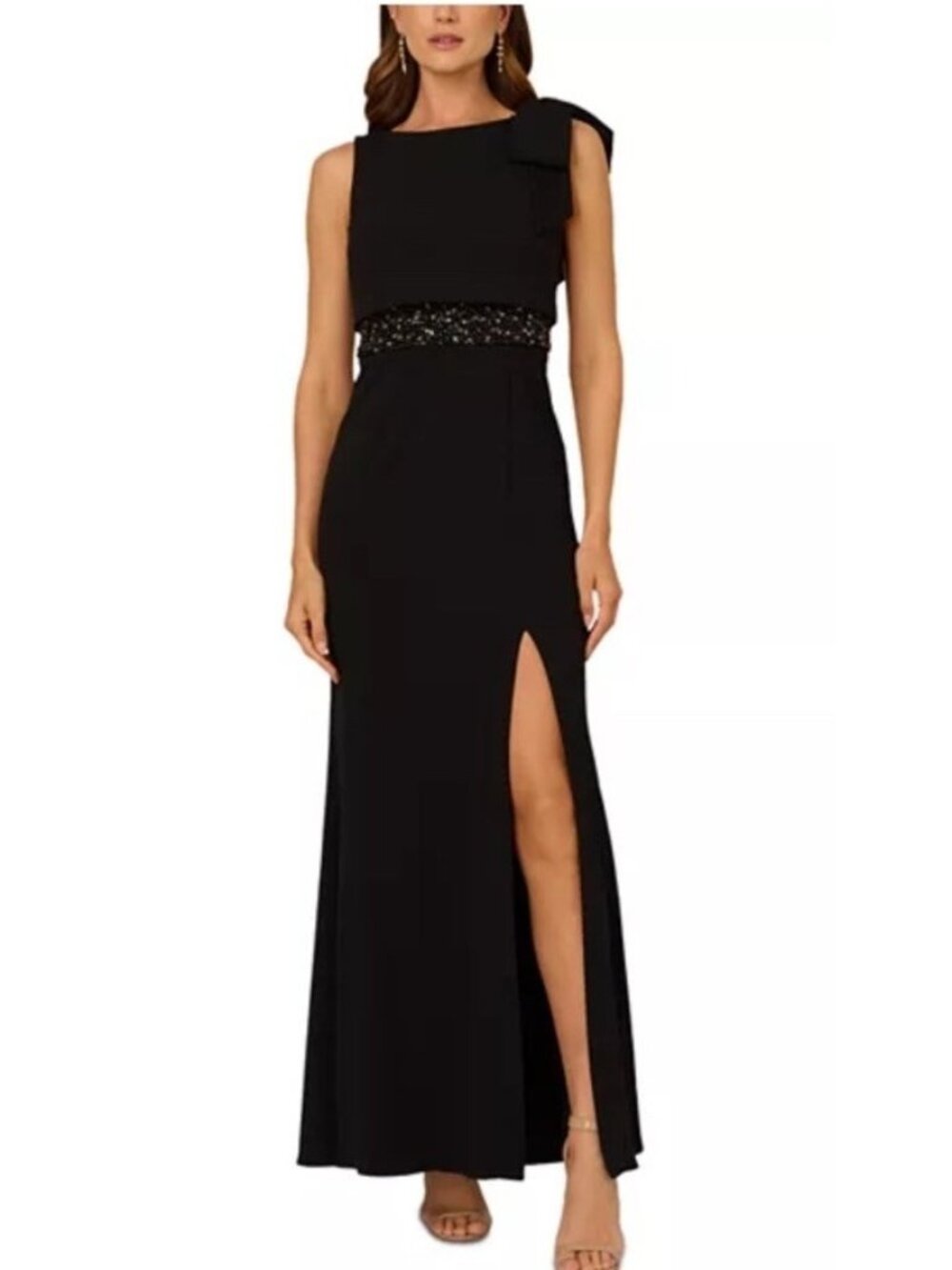 Adrianna Papell Beaded Crepe Popover Gown Dress Black High Slit Evening 12 NWT